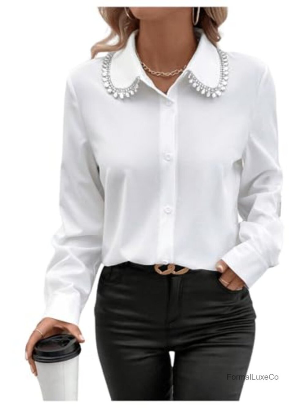 Rhinestone Decor Button Down Blouse Long Sleeve Work Top
